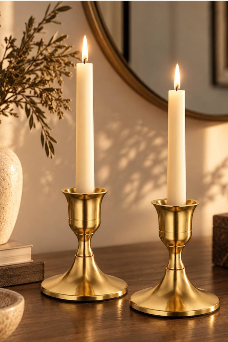 Vintage brass taper candle holders on a quiet luxury console table