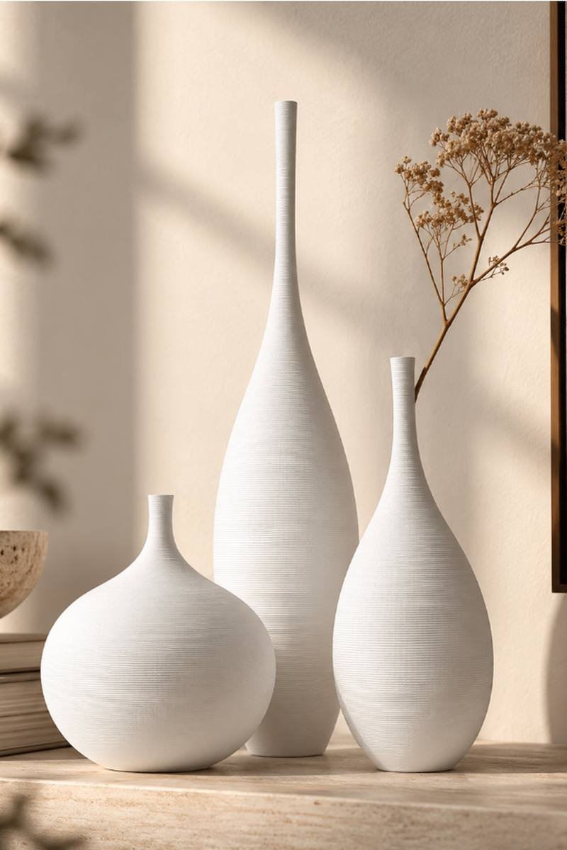 Set of white ceramic vases styled on a neutral shelf