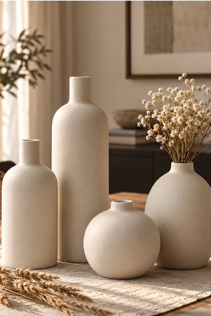 Beige ceramic vase set styled for minimalist autumn decor