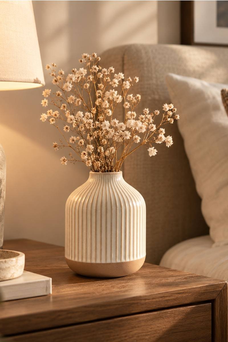 Small rustic farmhouse white ceramic vase with dried stems