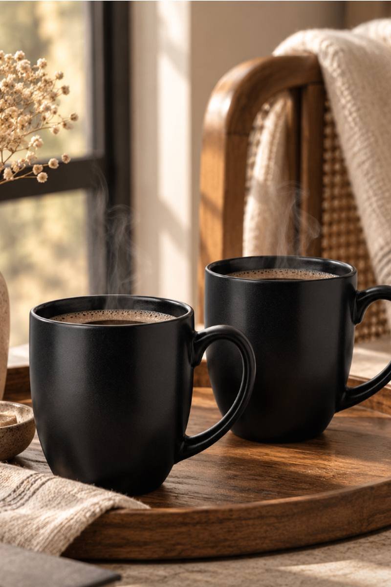 Matte black ceramic mugs set styled on a kitchen counter