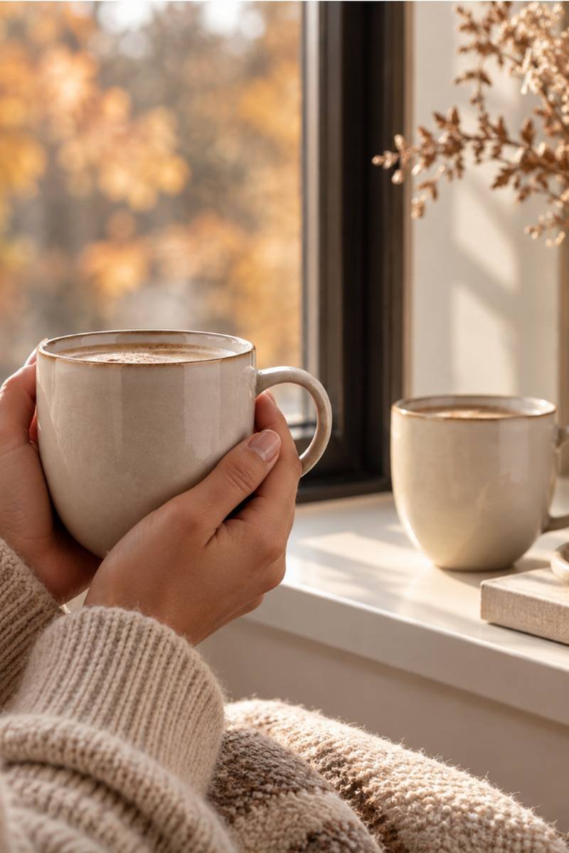 Cream ceramic coffee mugs set for a cosy autumn kitchen