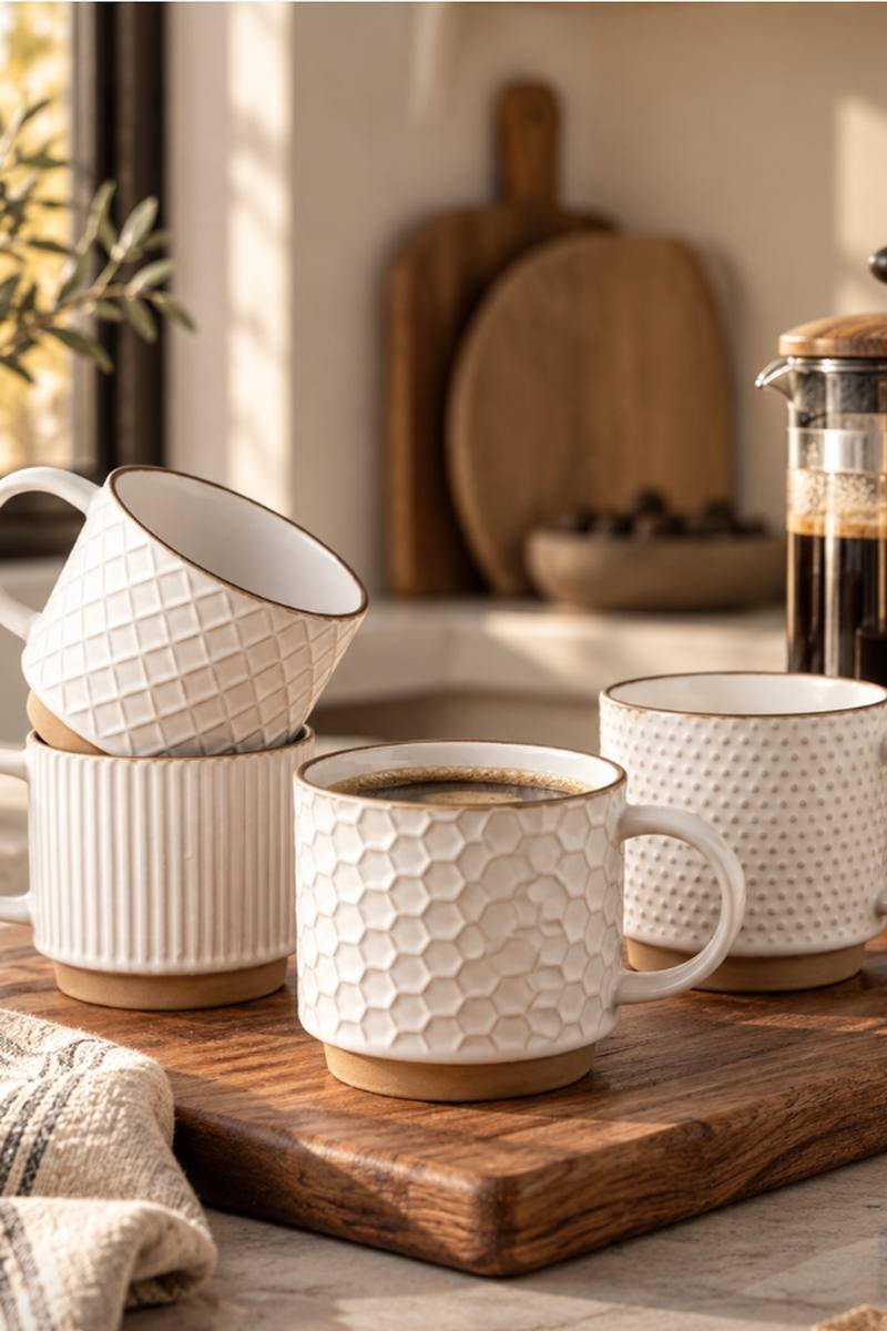 Stackable ceramic coffee mugs styled in a neutral kitchen