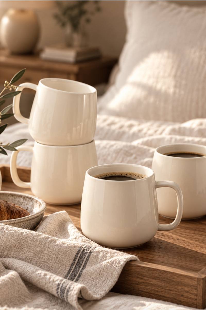 Chip-resistant ceramic mugs set on an oak counter