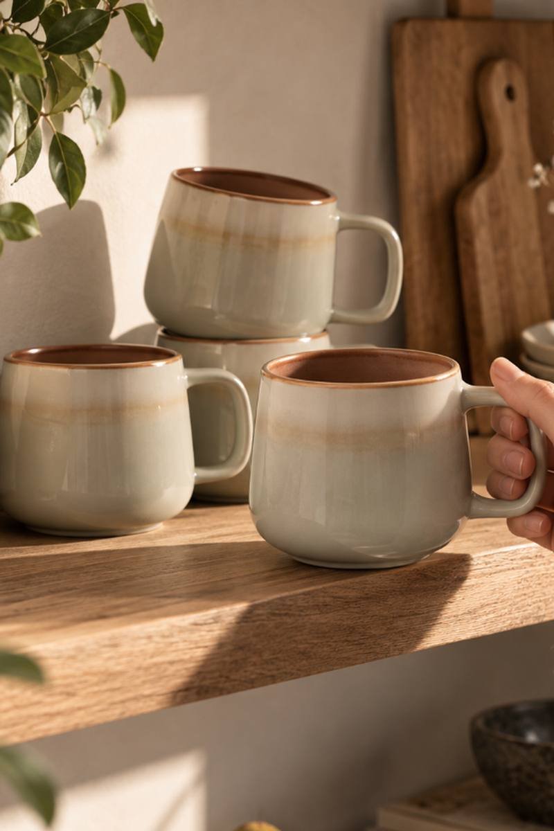 Large stoneware coffee mugs styled with an autumn candle