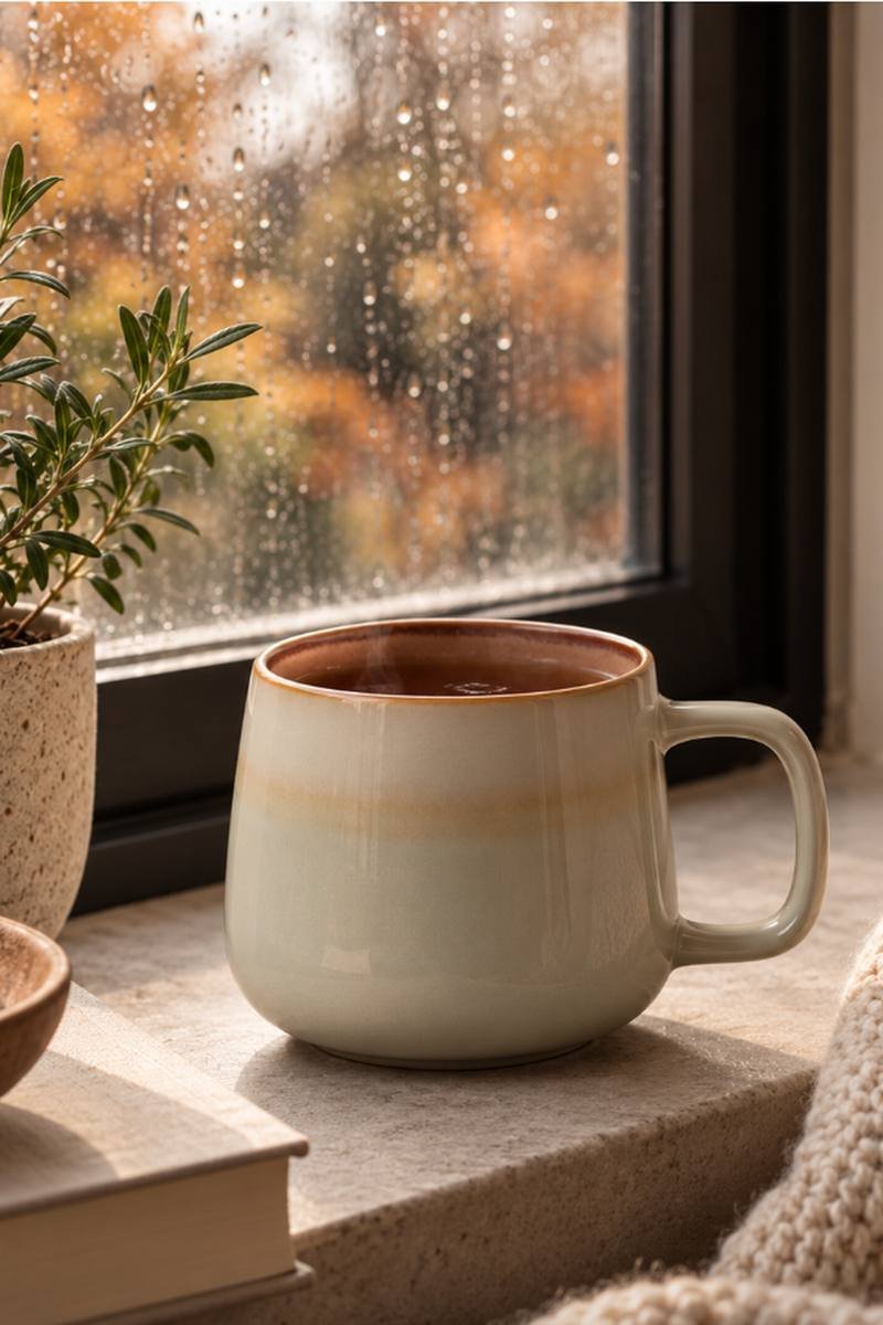 Stoneware coffee mugs set styled on a linen tea towel