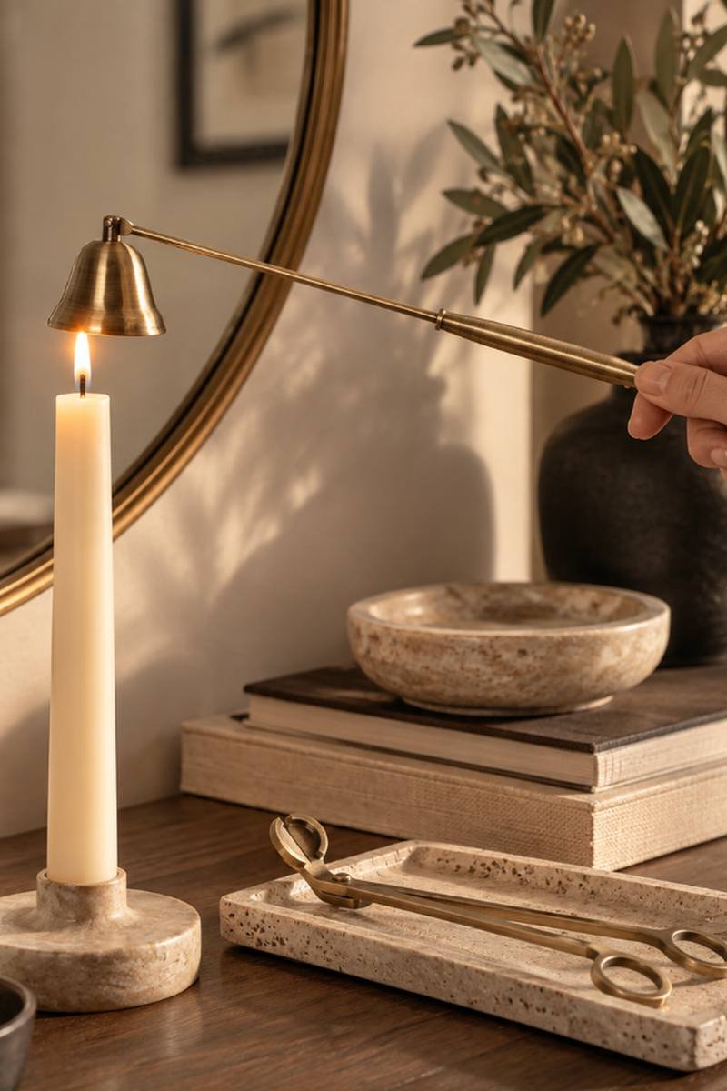 Gold candle snuffer and wick trimmer set styled beside a candle