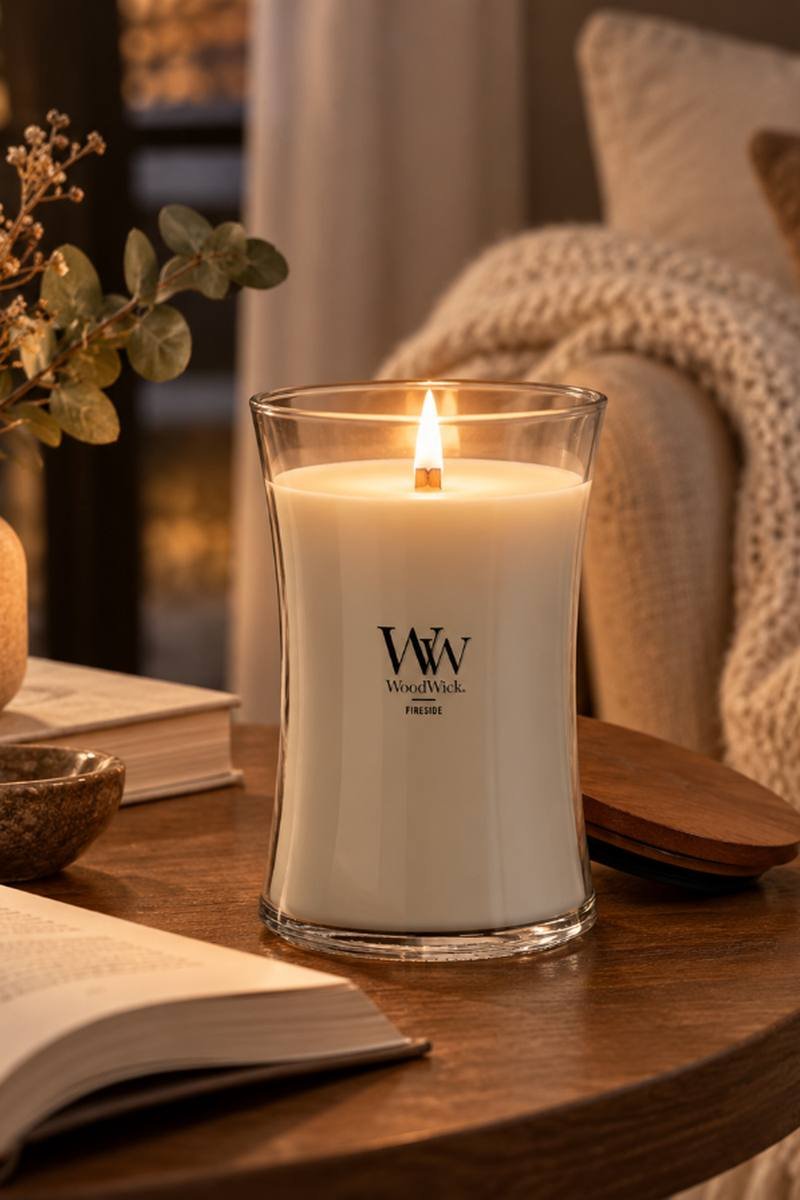WoodWick fireside candle burning on a console table