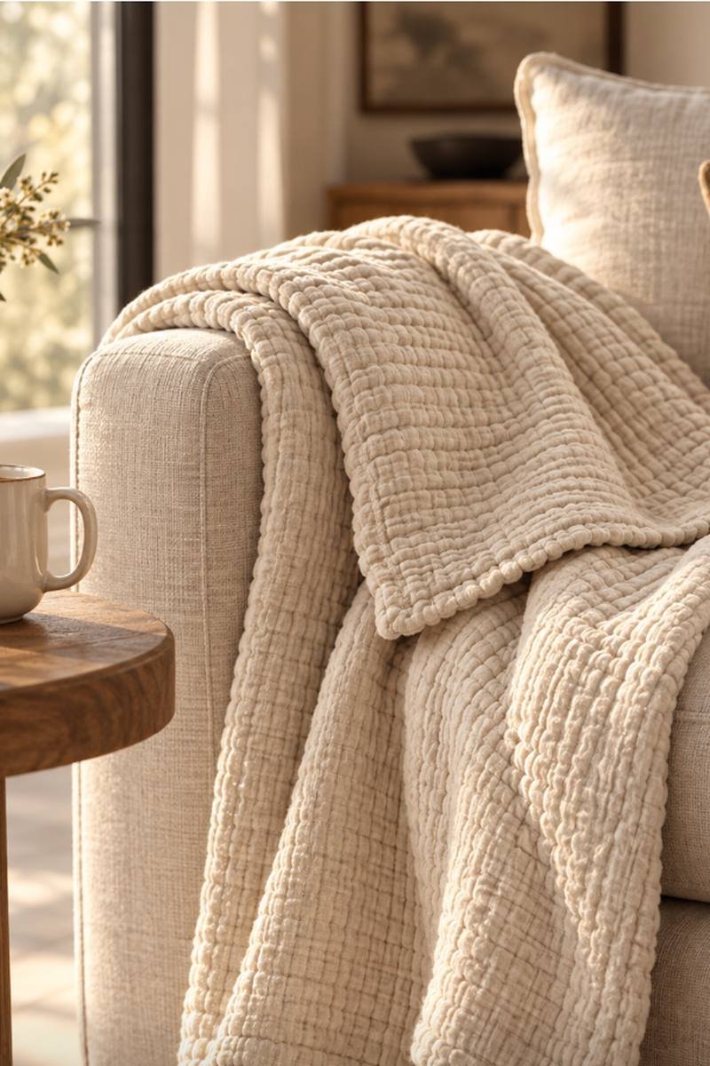 Muslin throw blanket draped over a reading chair