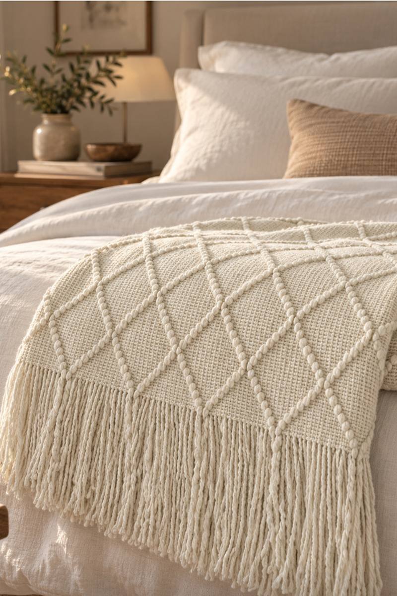 Beige boho knitted throw blanket folded on a sofa