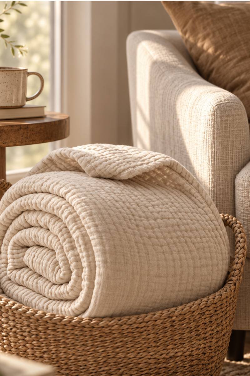 Six-layer cotton muslin blanket folded on a bed