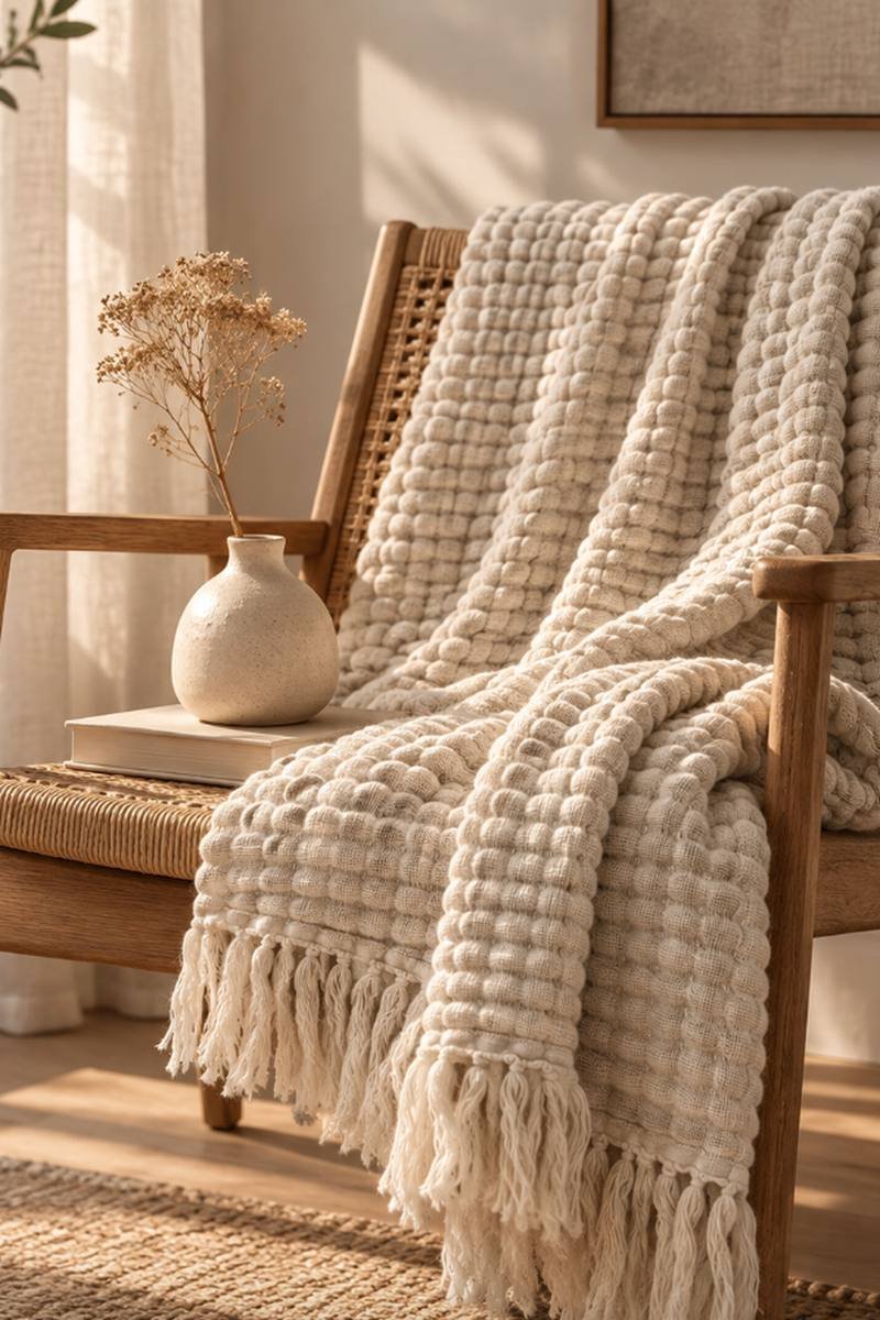 Organic cotton throw blanket draped over an armchair