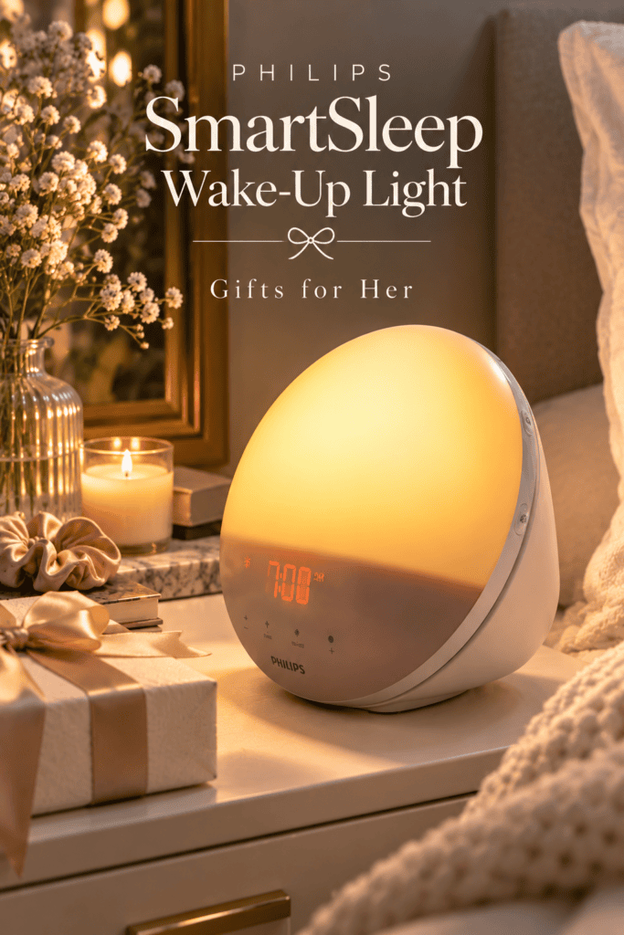 Philips SmartSleep Wake-Up Light on a bedside table, a thoughtful Amazon gift for her