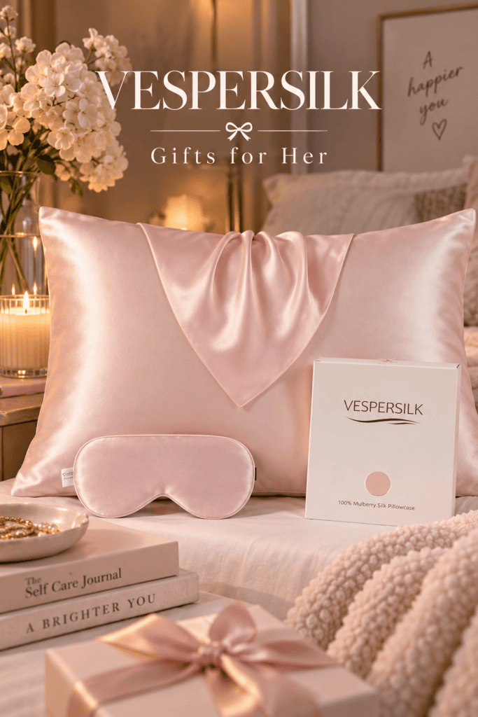 VesperSilk silk pillowcase and eye mask gift set on a neutral bed