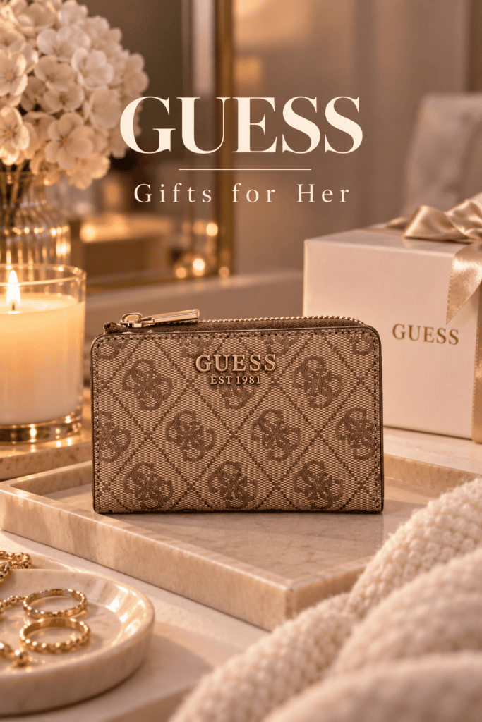 GUESS women’s logo wallet in latte, a designer gift idea for her